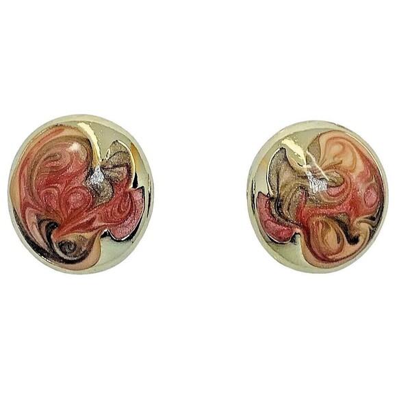 Don Lin Pink & Gold Swirl Large Statement Earrings 1 1/8" 80s Signed Buttons - Picture 4 of 11